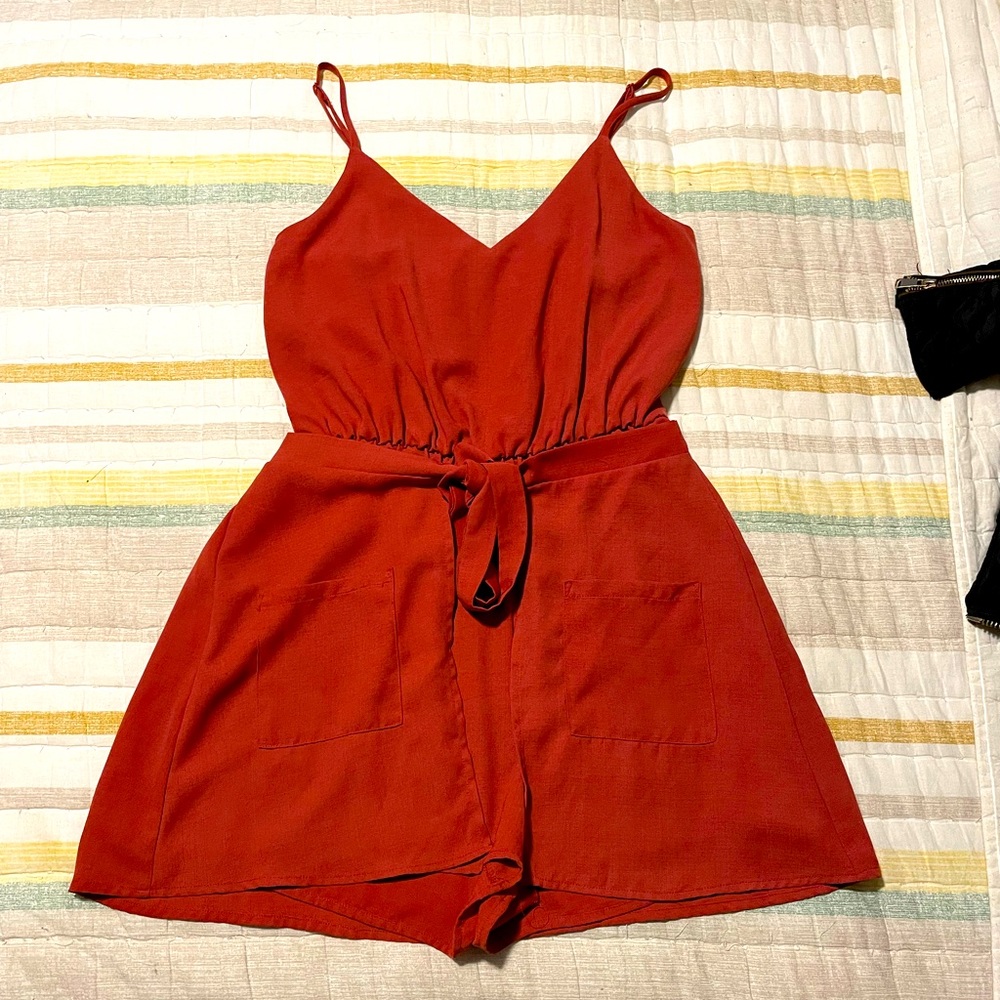 EUC Burnt Orange Front Tie Romper